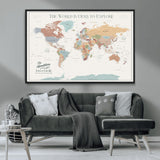 69180591-MGV-CV-36X24-Personalized World Map Wall Art – Rustic Vintage Adventure Travel Map with Custom Family Names, Unique Wall Decor for Couples,