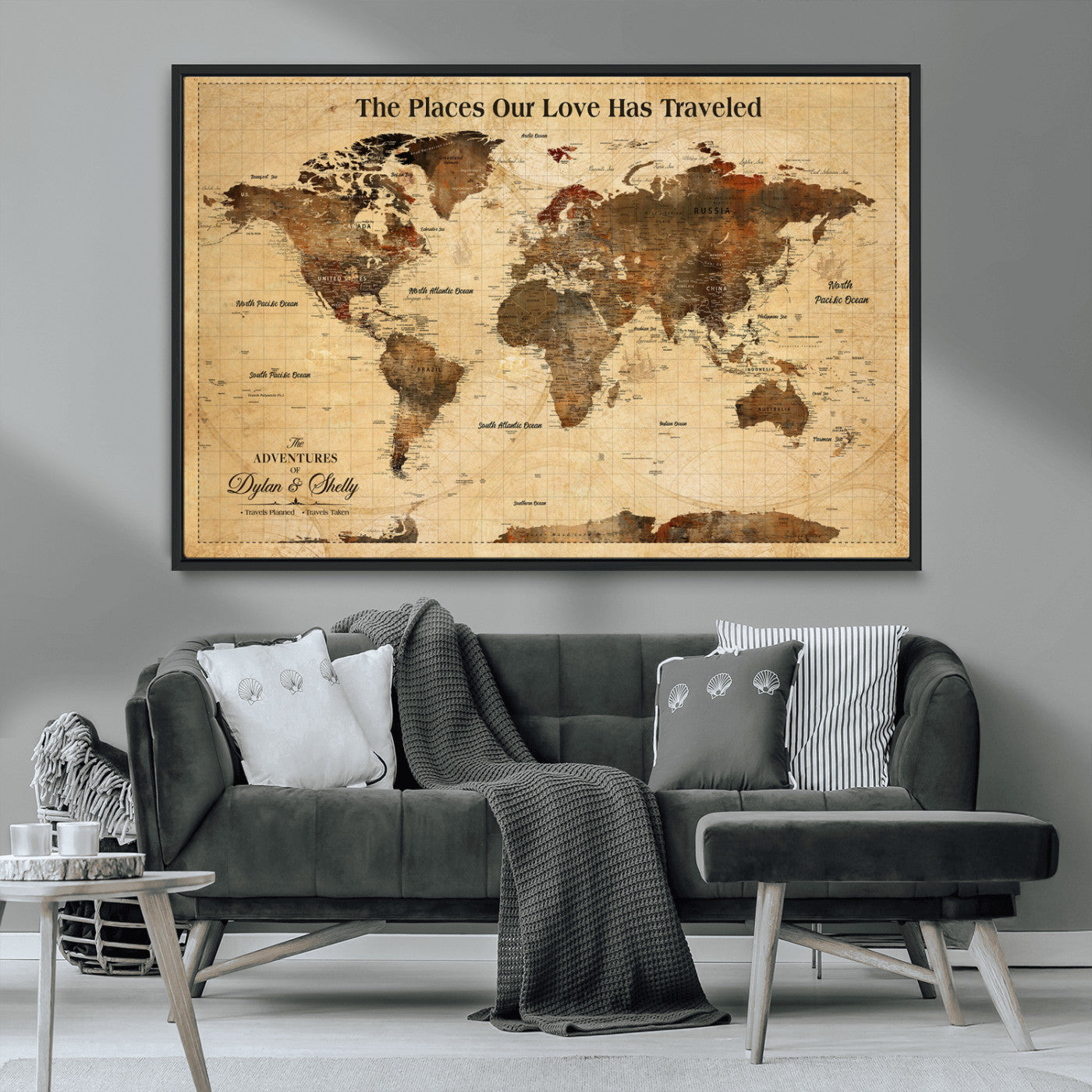 50680593-MGV-CV-36X24-Personalized World Map Wall Art – Rustic Brown Adventure Travel Map with Custom Names, Elegant Push Pin Canvas for Couples Home,