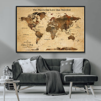 50680593-MGV-CV-36X24-Personalized World Map Wall Art – Rustic Brown Adventure Travel Map with Custom Names, Elegant Push Pin Canvas for Couples Home,