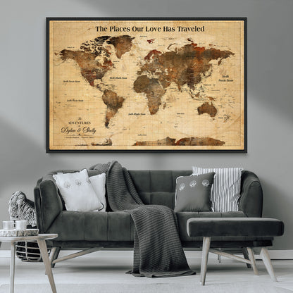 50680593-MGV-CV-36X24-Personalized World Map Wall Art – Rustic Brown Adventure Travel Map with Custom Names, Elegant Push Pin Canvas for Couples Home,