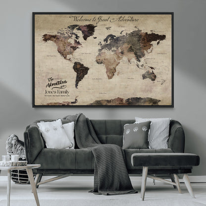 78610079-MGV-FC-36X24_Black-Personalized World Map Wall Art – Vintage Rustic Travel Map with Custom Family Name, Adventure Wall Decor for Home, Family Gift or