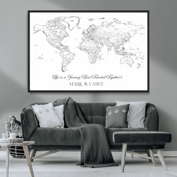 43438578-MGV-CV-36X24-Personalized World Map Wall Art – Black and White Minimal Travel Map with Custom Names, Elegant Wall Decor for Couples, Wedding or