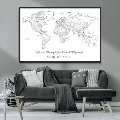 43438578-MGV-CV-36X24-Personalized World Map Wall Art – Black and White Minimal Travel Map with Custom Names, Elegant Wall Decor for Couples, Wedding or