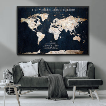 13231361-MGV-CV-36X24-Personalized World Map Wall Art – Navy Blue Vintage Adventure Travel Map with Custom Names, Elegant Push Pin Canvas for Couples