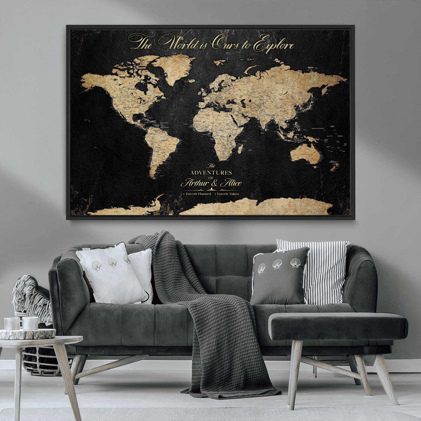 98947257-MGV-CV-36X24-Personalized World Map Wall Art – Vintage Black Adventure Travel Map with Custom Names, Elegant Push Pin Canvas for Couples Home