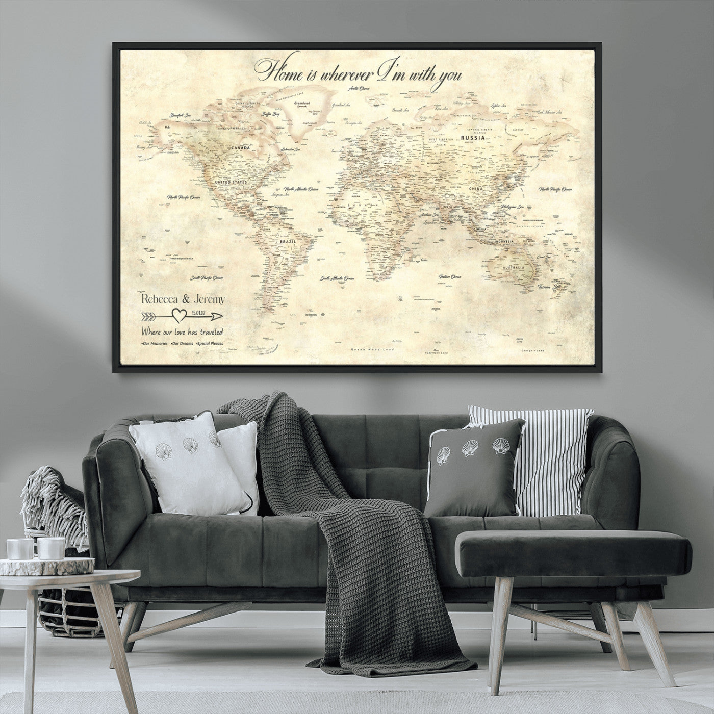 57950315-MGV-CV-36X24-Personalized World Map Wall Art – Vintage Beige Travel Map with Custom Names, Romantic Anniversary Gift for Couples, Adventure