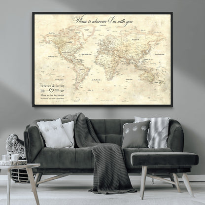 57950315-MGV-CV-36X24-Personalized World Map Wall Art – Vintage Beige Travel Map with Custom Names, Romantic Anniversary Gift for Couples, Adventure