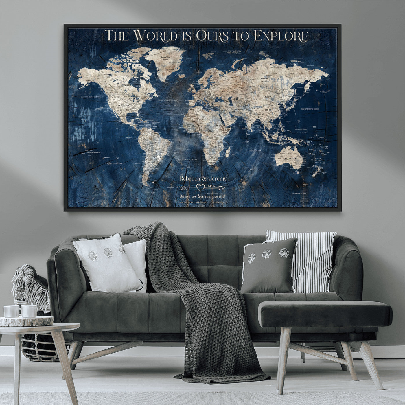 16933330-MGV-CV-36X24-Personalized World Map Wall Art – Navy Blue Vintage Travel Map with Custom Names, Anniversary Gift for Couples Romantic Adventure