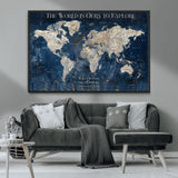 16933330-MGV-CV-36X24-Personalized World Map Wall Art – Navy Blue Vintage Travel Map with Custom Names, Anniversary Gift for Couples Romantic Adventure