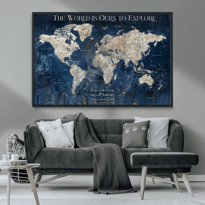 16933330-MGV-CV-36X24-Personalized World Map Wall Art – Navy Blue Vintage Travel Map with Custom Names, Anniversary Gift for Couples Romantic Adventure