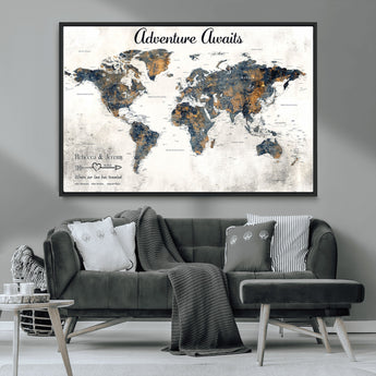 11751559-MGV-CV-36X24-Personalized World Map Wall Art – Elegant Adventure Travel Tracker Map for Couples & Families, Push Pin Canvas Poster Decor for Home, Office