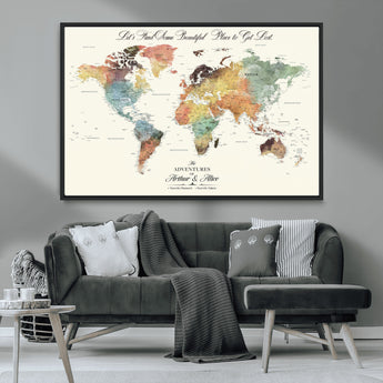 10311652-MGV-CV-36X24-Personalized World Map Wall Art - Watercolor Travel Map with Custom Names Minimalist Design for Couples&Families - Decor for Home,