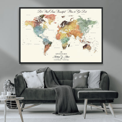 10311652-MGV-CV-36X24-Personalized World Map Wall Art - Watercolor Travel Map with Custom Names Minimalist Design for Couples&Families - Decor for Home,