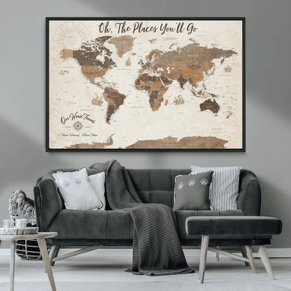 14140137-MGV-CV-36X24-Personalized World Map Wall Art – Vintage Nautical Adventure Map with Ships and Compass, Rustic Sepia Tones for Travel Lovers and