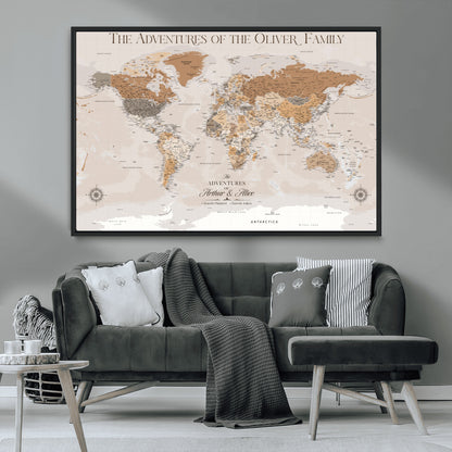 34289723-MGV-CV-36X24-Personalized World Map Wall Art – Elegant Beige and Brown Adventure Map Canvas Print for Family Home, Living Room, Study or Office