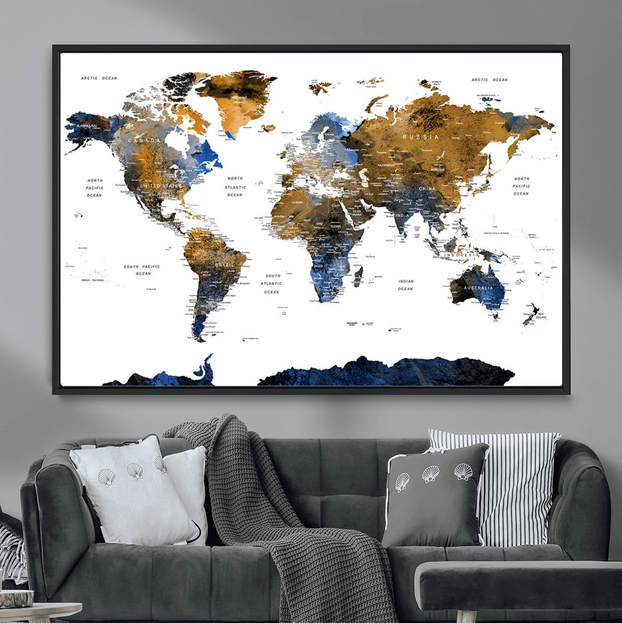 MGV-FC-36X24 - World Map Wall Art Canvas Print, Framed Blue Gold Map Art Picture Print, Rustic Atlas Perfect Rustic Modern Decor Artwork