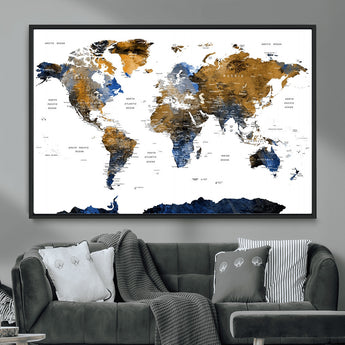 MGV-FC-36X24 - World Map Wall Art Canvas Print, Framed Blue Gold Map Art Picture Print, Rustic Atlas Perfect Rustic Modern Decor Artwork