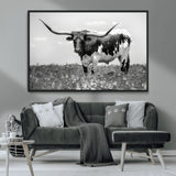 83785-MGV-CV-36X24-Texas Longhorn Wall Art Canvas Print, Framed Horned Bull Art Picture Print, Monochrome Cattle Perfect Rustic Western Decor Artwork