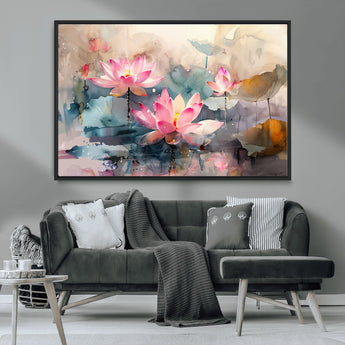 18414-MGV-CV-36X24-Pink Lotus Wall Art Canvas Print, Framed Water Lily Art Picture Print, Dreamy Floral Perfect Dreamy Botanical Decor Artwork