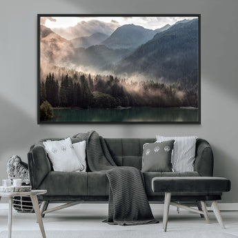 64758-MGV-CV-36X24-Misty Mountains Wall Art Canvas Print, Framed Moody Pines Art Picture Print, Forest Lake Perfect Moody Alpine Decor Artwork