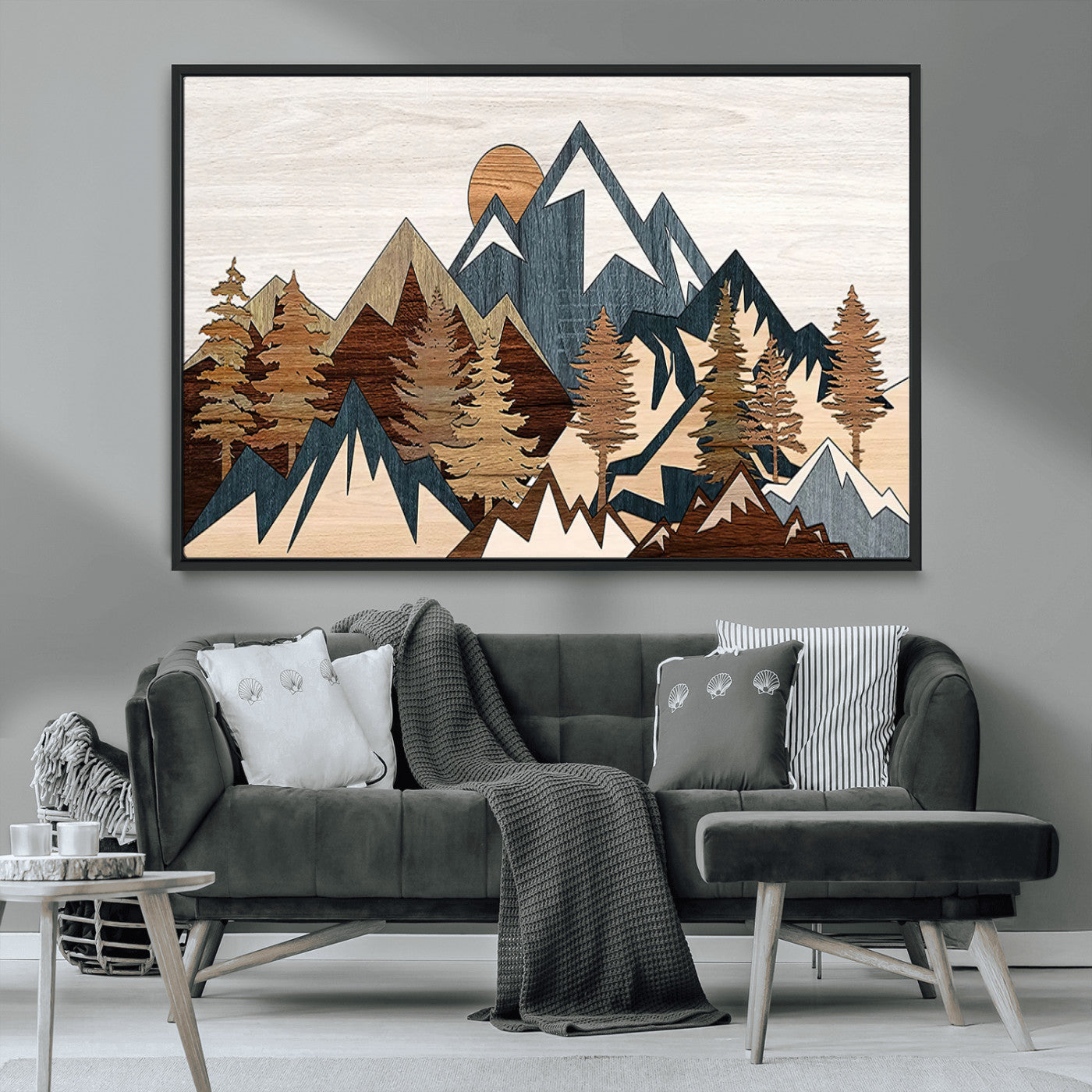 80300-MGV-CV-36X24-Geometric Mountains Wall Art Canvas Print, Framed Stylized Trees Art Picture Print, Graphic Forest Perfect Rustic Abstract Decor