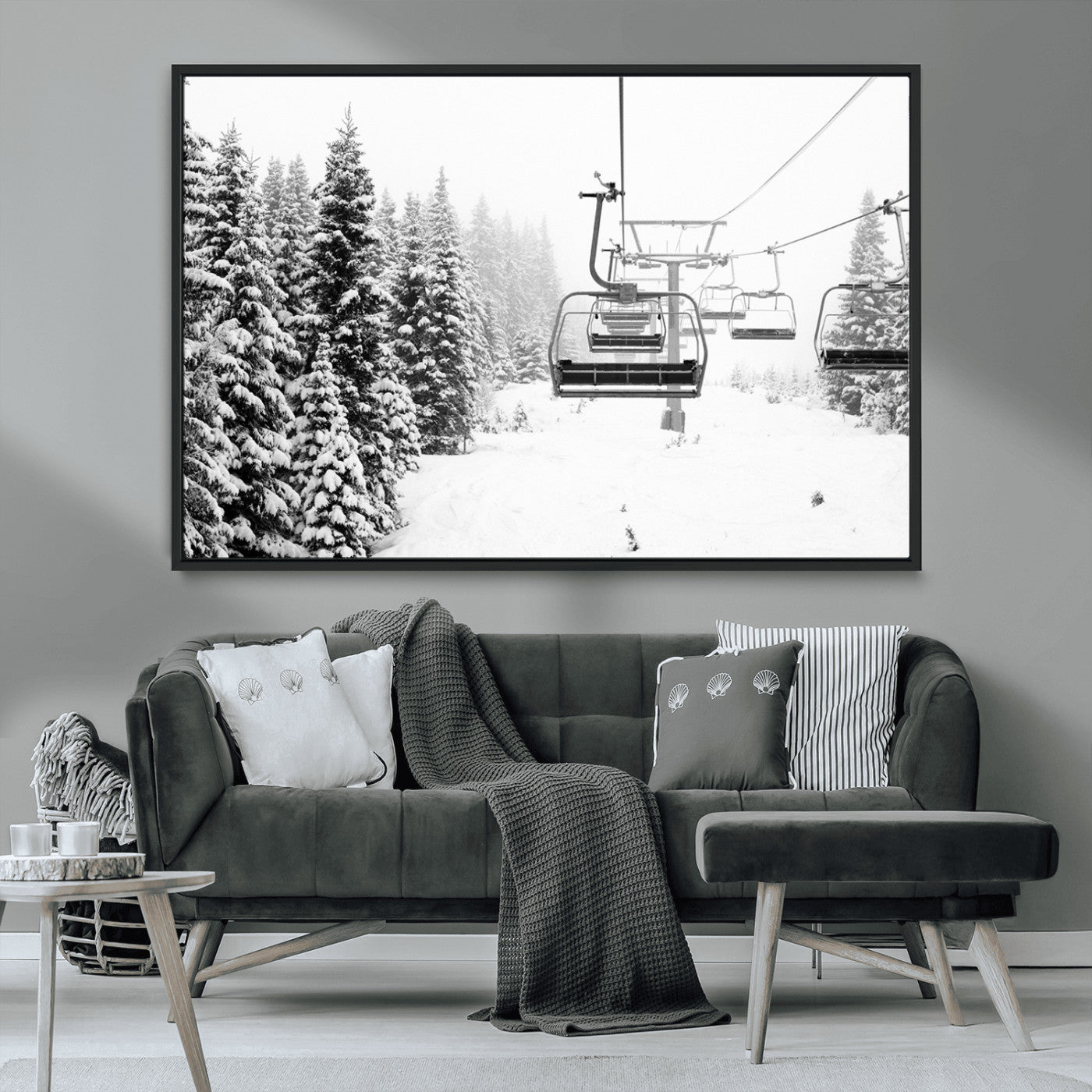 49274-MGV-FC-36X24_Black-Snowy Forest Wall Art Canvas Print, Framed Ski Lift Art Picture Print, Mountain Snow Perfect Minimal Winter Lodge Decor Artwork