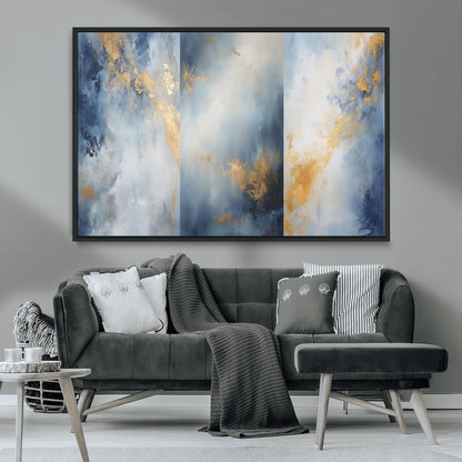 41836-MGV-CV-36X24-Abstract Gold Wall Art Canvas Print, Framed Blue Layers Art Picture Print, Elegant Cloud Perfect Elegant Minimalist Decor Artwork