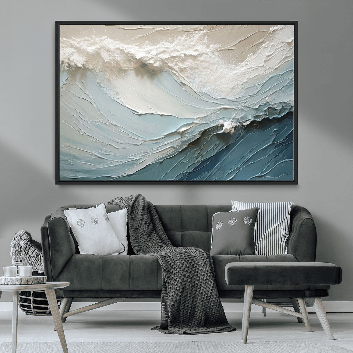 53646-MGV-CV-36X24-Ocean Wave Wall Art Canvas Print, Framed Textured Seascape Art Picture Print, Modern Ocean Perfect Minimal Coastal 2/2 Decor