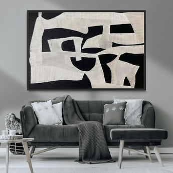 33714-MGV-CV-36X24-Monochrome Design Wall Art Canvas Print, Framed Modern Linework Art Picture Print, Textured Shapes Perfect Monochrome Modern Decor