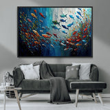 89626-MGV-CV-36X24-Fish Swarm Wall Art Canvas Print, Framed Abstract Ocean Art Picture Print, Underwater Life Perfect Vibrant Coastal Decor Artwork