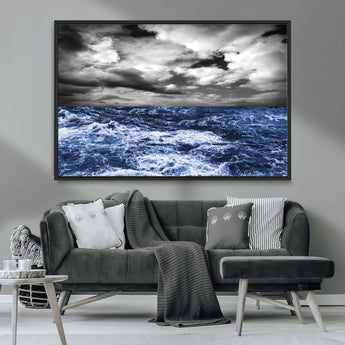 91043-MGV-CV-36X24-Stormy Ocean Wall Art Canvas Print, Framed Moody Seascape Art Picture Print, Monochrome Sea Perfect Coastal Drama Decor Artwork
