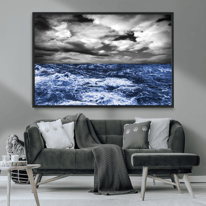 91043-MGV-CV-36X24-Stormy Ocean Wall Art Canvas Print, Framed Moody Seascape Art Picture Print, Monochrome Sea Perfect Coastal Drama Decor Artwork