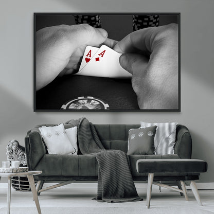 62460-MGV-CV-36X24-Poker Game Wall Art – Close Up of Hands Holding Aces with Chips, Casino Style Decor for Game Room, Man Cave or Office