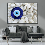 48883-MGV-CV-36X24-Evil Eye Wall Art – Deep Blue Symbol of Presence and Calm on White Stones, Subtle Spiritual Decor for Entryway, Studio, Office or