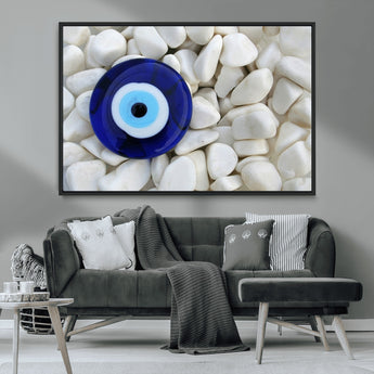 48883-MGV-CV-36X24-Evil Eye Wall Art – Deep Blue Symbol of Presence and Calm on White Stones, Subtle Spiritual Decor for Entryway, Studio, Office or