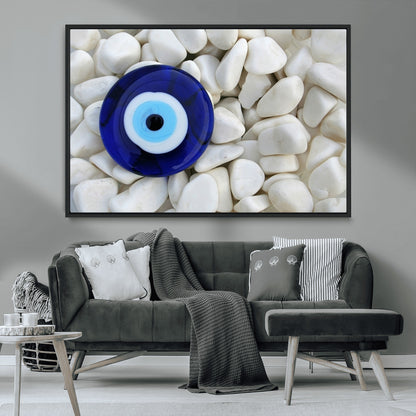 48883-MGV-CV-36X24-Evil Eye Wall Art – Deep Blue Symbol of Presence and Calm on White Stones, Subtle Spiritual Decor for Entryway, Studio, Office or