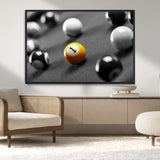 52108-MGV-CV-36X24-Precision Pool Table Wall Art – Close Up Yellow 1 Ball Canvas Print, Hand-Played Billiards Game Decor for Office, Game Room, or