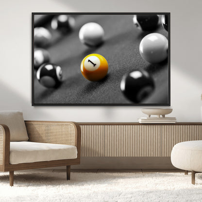 52108-MGV-CV-36X24-Precision Pool Table Wall Art – Close Up Yellow 1 Ball Canvas Print, Hand-Played Billiards Game Decor for Office, Game Room, or