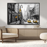 32362-MGV-CV-36X24-NYC Street Wall Art – Black and White Cityscape with Yellow Taxis and Umbrella Canvas Print, Urban Home Decor for Living Room or