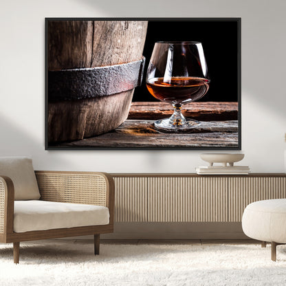 50839-MGV-CV-36X24-Barrel & Brandy Wall Art – Rustic Whiskey Barrel and Brandy Glass Canvas Print, Elegant Home Bar or Lounge Decor for Office, Man