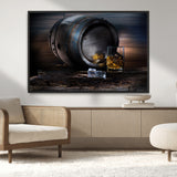 78049-MGV-CV-36X24-Whiskey Barrel Wall Art – Rustic Whiskey Barrel and Glass with Ice Canvas Print, Classic Bar or Lounge Decor for Home, Office, or