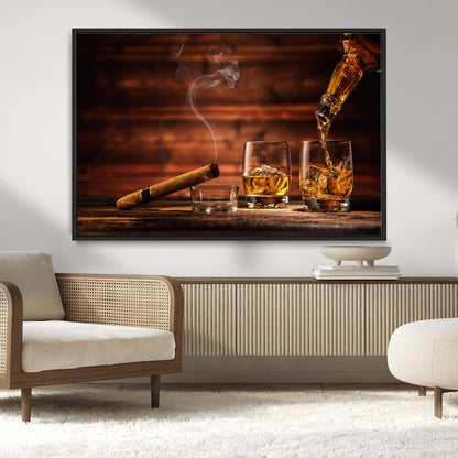 91042-MGV-CV-36X24-Whiskey & Cigar Wall Art – Elegant Whiskey Pour and Smoldering Cigar Canvas Print, Sophisticated Bar or Lounge Decor for Home,