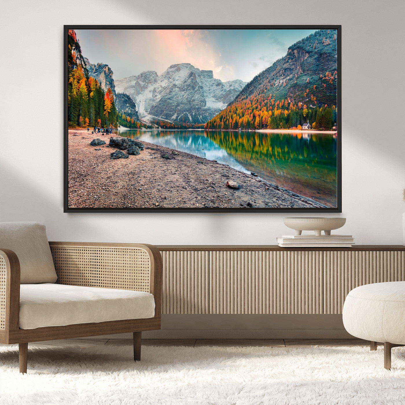 25982-MGV-CV-36X24-Autumn Mountain Lake Wall Art – Panoramic Fall Foliage and Snowy Peaks Canvas Print, Scenic Nature Decor for Living Room or Office