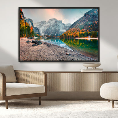 25982-MGV-CV-36X24-Autumn Mountain Lake Wall Art – Panoramic Fall Foliage and Snowy Peaks Canvas Print, Scenic Nature Decor for Living Room or Office