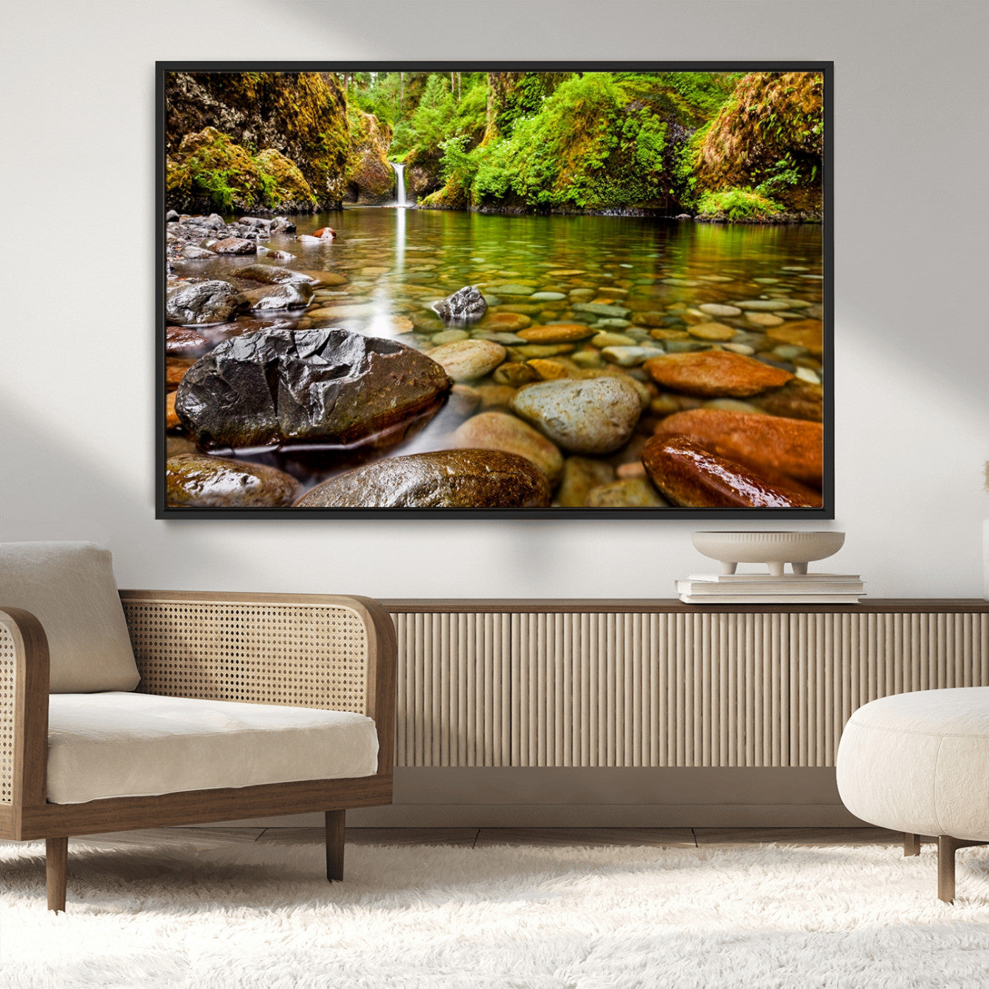 98096-MGV-CV-36X24-Serene River Waterfall Nature Photo – Calm Clear Water, Vibrant Green Forest and Smooth Stones Landscape Wall Art for Home or