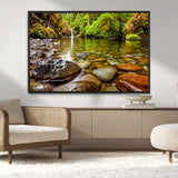 98096-MGV-CV-36X24-Serene River Waterfall Nature Photo – Calm Clear Water, Vibrant Green Forest and Smooth Stones Landscape Wall Art for Home or