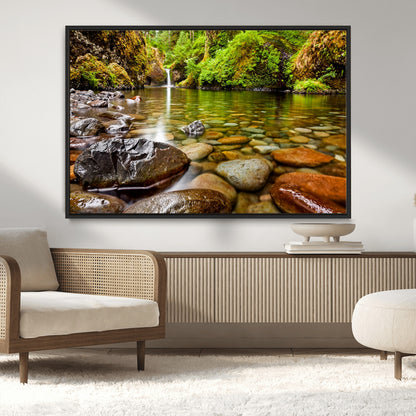 98096-MGV-CV-36X24-Serene River Waterfall Nature Photo – Calm Clear Water, Vibrant Green Forest and Smooth Stones Landscape Wall Art for Home or