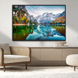 10402-MGV-CV-36X24-Snowy Mountain Lake Wall Art – Autumn Landscape Canvas Print with Reflection, Nature Decor for Living Room, Office, Bedroom or