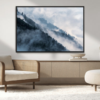 85737-MGV-CV-36X24-Misty Mountain Wall Art – Atmospheric Pine Forest Canvas Print with Fog and Mist, Calm Nature Decor for Living Room, Bedroom,