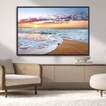 39560-MGV-CV-36X24-Sunrise Beach Wall Art – Vibrant Ocean Waves and Golden Sand Canvas Print, Seaside Coastal Decor for Living Room, Bedroom or